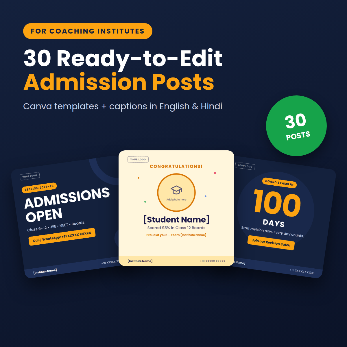 AI Admission Marketing Kit for Coaching Institutes – 30 Canva Posts