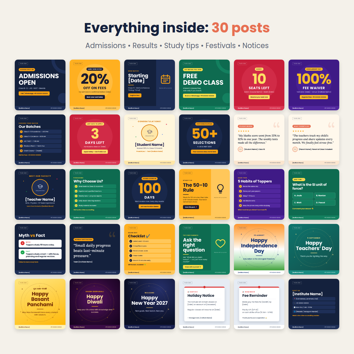 AI Admission Marketing Kit for Coaching Institutes – 30 Canva Posts